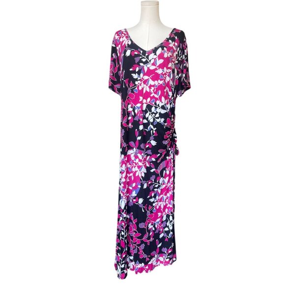 Lane Bryant Dark Floral Maxi Dress Size 18/20 Asymmetrical Hem Short Sleeve - Picture 1 of 10